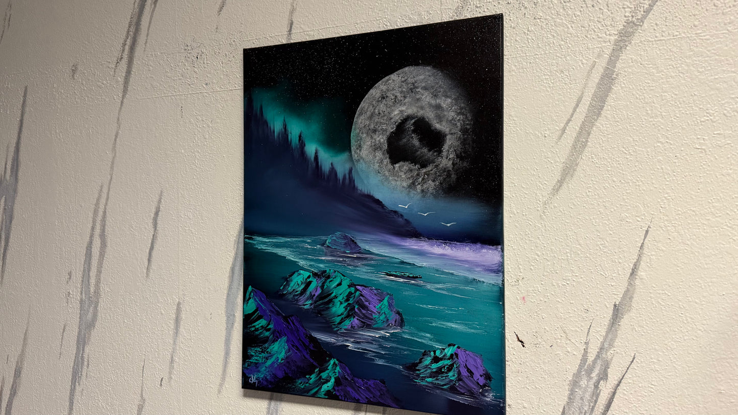 Painting #2007 - 18x24" Canvas - Full Moon Seascape painted 8-18-25