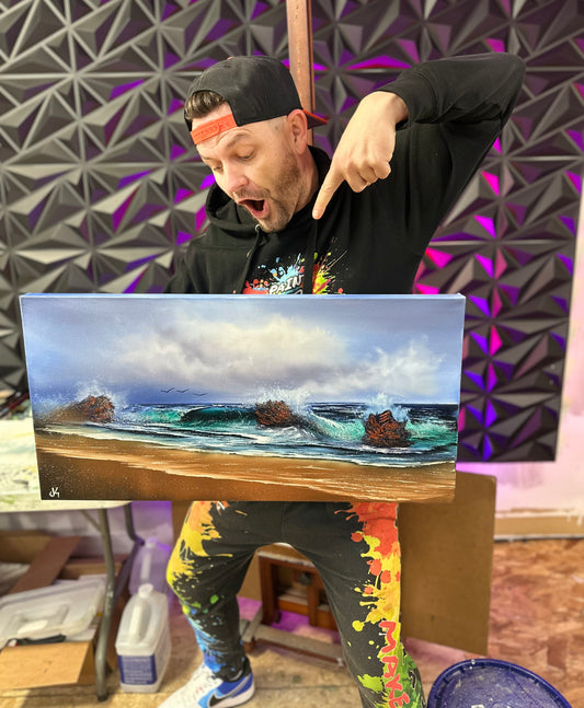 Painting #1652 - 15x30" Pro Series Canvas - Rocky Seascape painted 1-12-25