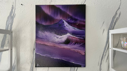 Painting #2031 - 16x20" Canvas - Aurora Mountain Seascape painted 8-31-25