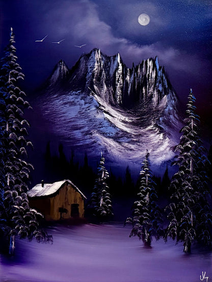 Painting #2114 - 18x24" Canvas - Forest Cabin Painting with Fairy Lights painted 10-23-25