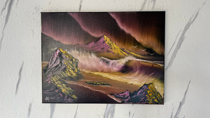 Painting #1983 - 18x24" Canvas - Aurora Mountain Seascape painted 8-8-25