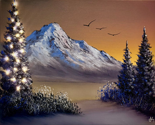 Painting #2145 - 16x20" Canvas - Christmas Tree Mountain Landscape with Fairy Lights painted 11-14-25