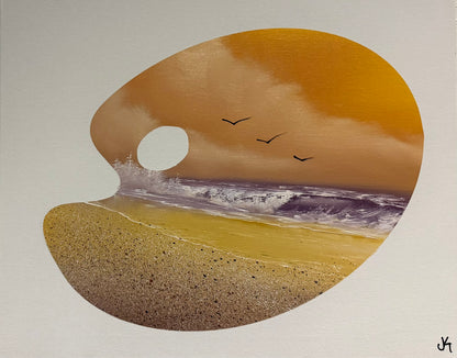 Painting #2044 - 16x20" Canvas - Sunset Seascape Palette Stencil painted 9-7-25