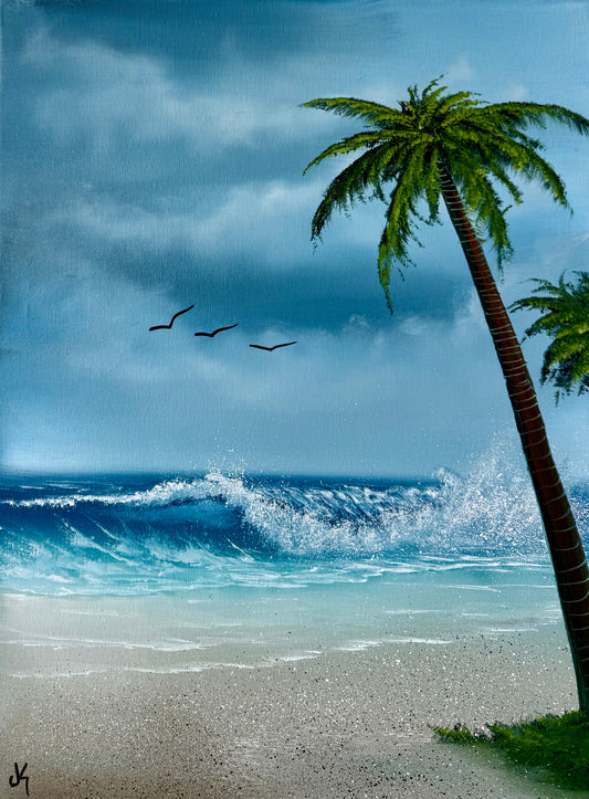 Painting #1911 - 18x24" Canvas - Palm Tree Seascape painted 6-26-25