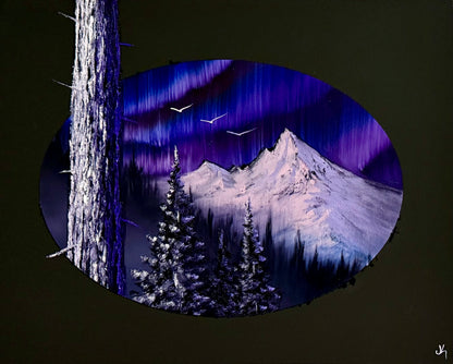 Painting #2353 - 16x20" Canvas - Oval Northern Lights Mountain painted 3-23-26