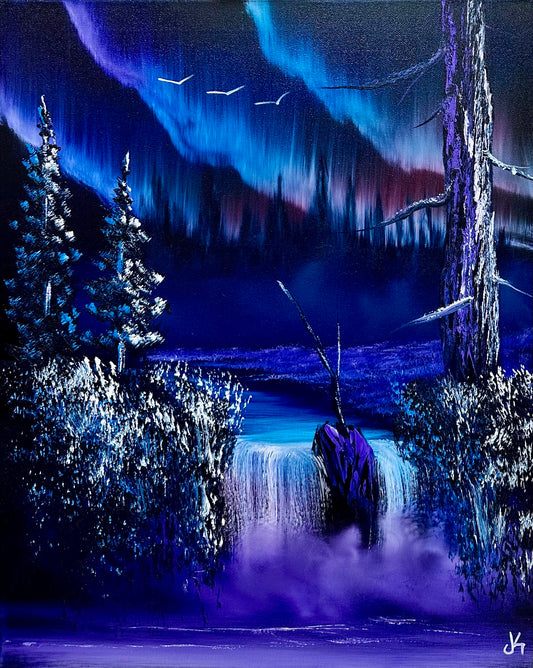 Painting #1708 - 16x20" Canvas - Aurora River Waterfall 2-17-25