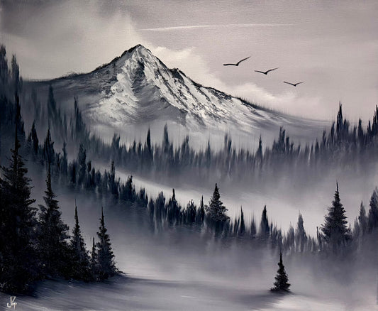 Painting #2151 - 20x24" Canvas - Black and White Mount Hood Forest Landscape painted 11-17-25