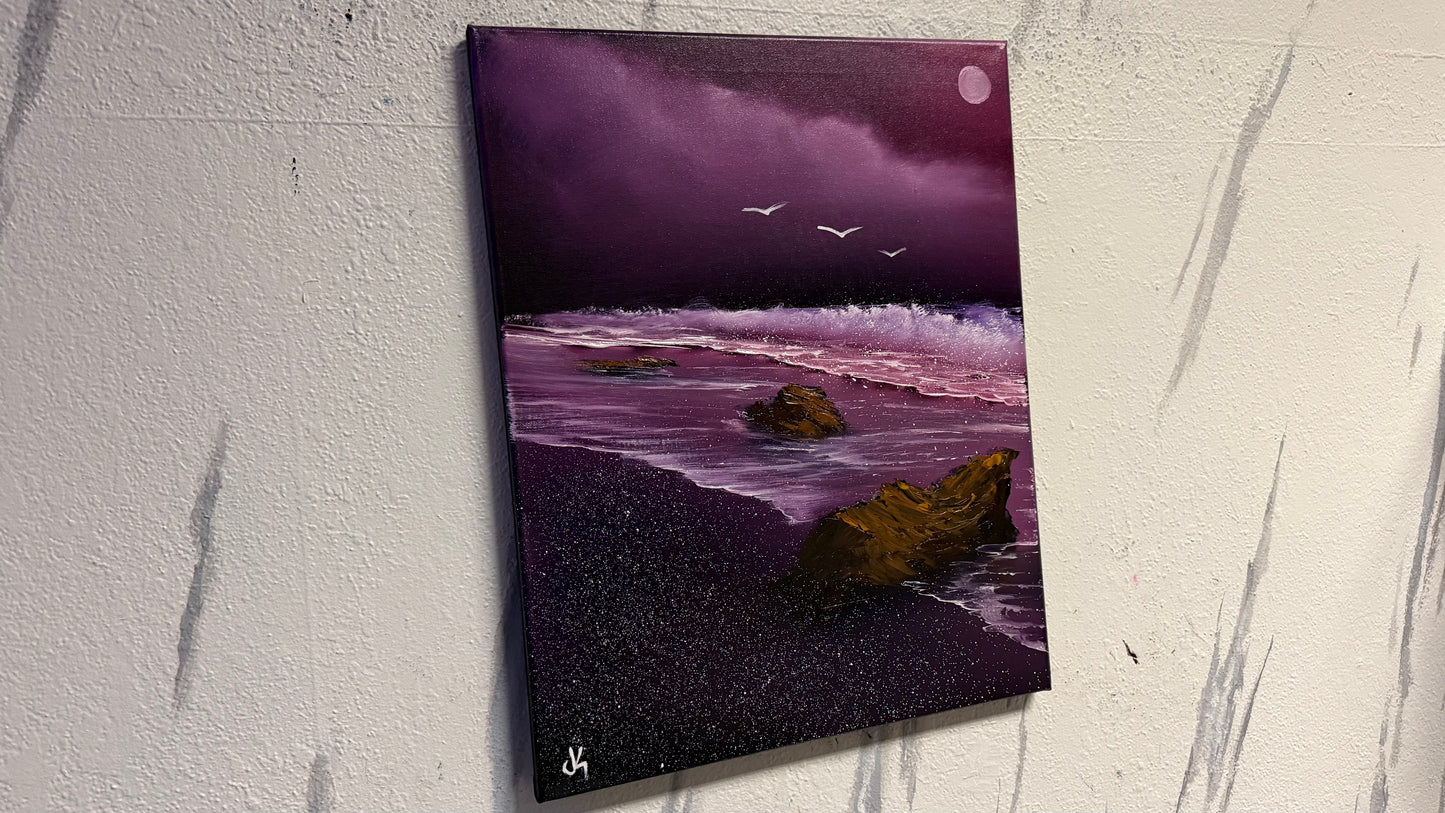 Painting #2001 - 16x20" Canvas - Full Moon Seascape painted 8-16-25