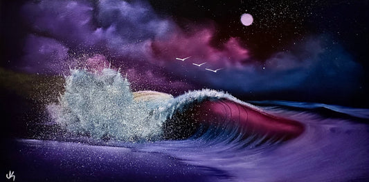 Painting #1493 - 15x30 Pro Series Canvas - Crimson Waves in the Moonlight