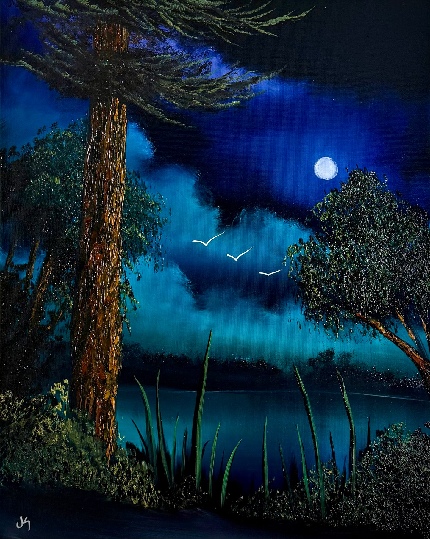 Painting #2496 - 16x20" Canvas - Night Lake Landscape painted 6-28-26