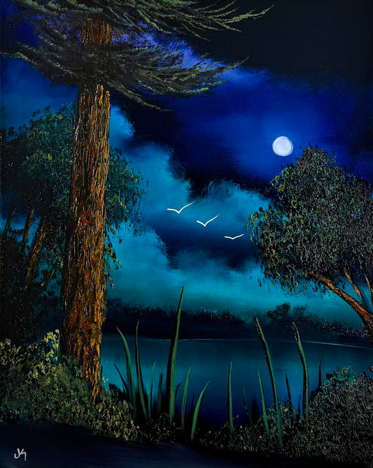 Painting #2496 - 16x20" Canvas - Night Lake Landscape painted 6-28-26