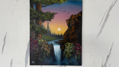 Painting #1979 - 16x20" Canvas - Sunset Waterfall painted 8-6-25