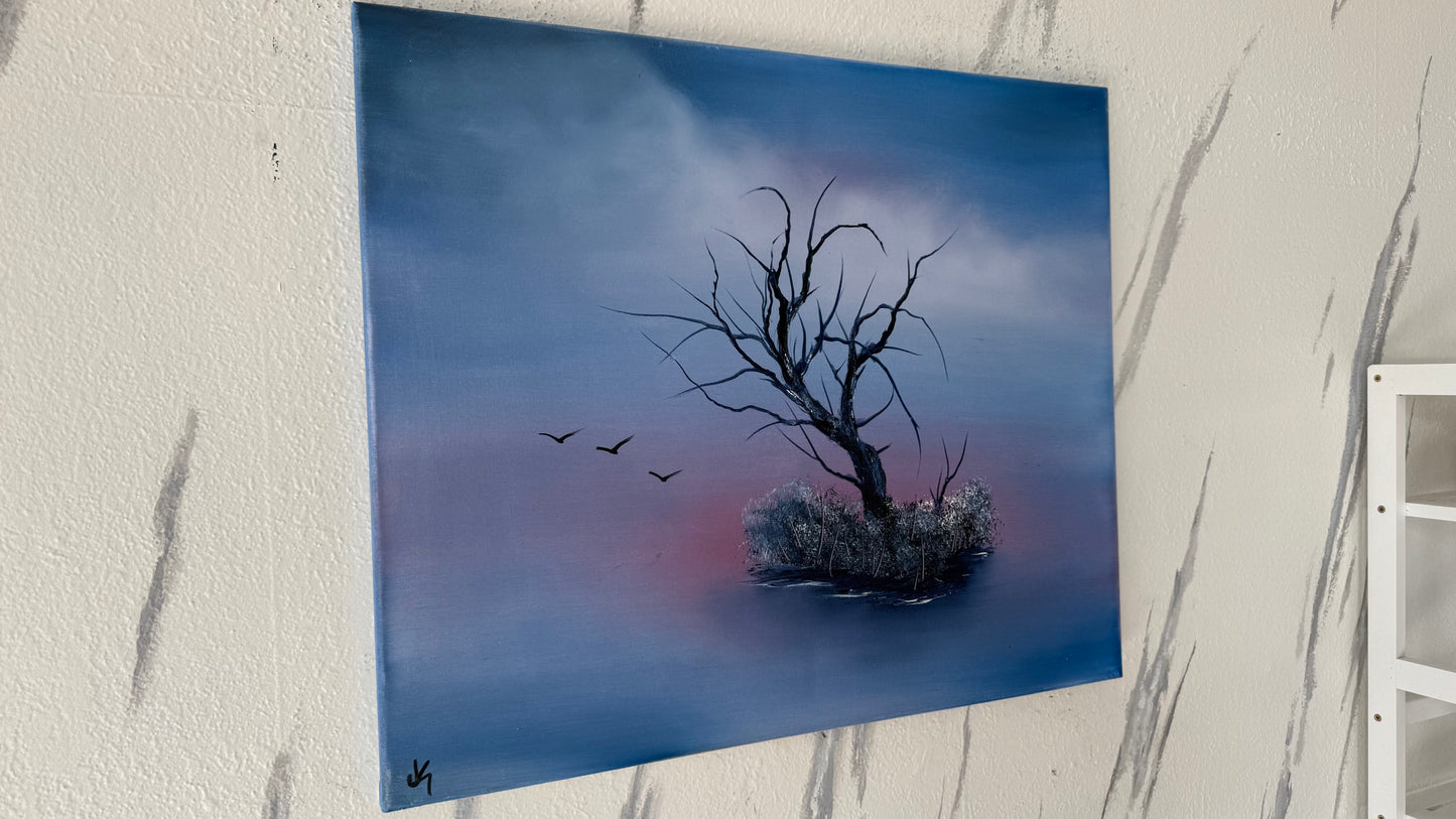 Painting #1973 - 20x24" Canvas - Solitary Tree painted 8-1-25