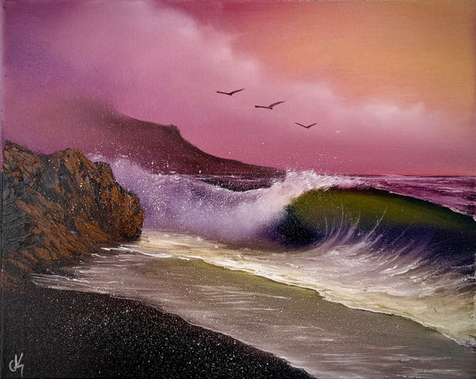 Painting #1994 - 16x20" Canvas - Rocky Sunset Seascape painted 8-14-25