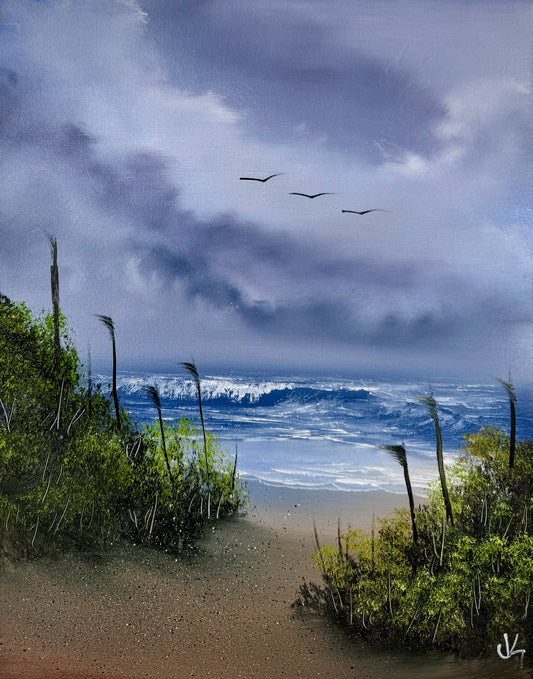 Painting #1843 - 16x20" Canvas - Cattails Seascape painted 5-12-25