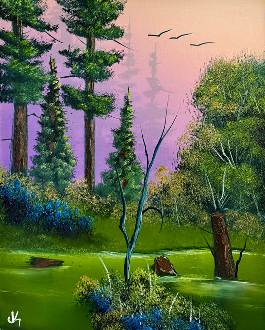 Painting #1822 - 16x20" Canvas - Sunset Forest painted 4-26-25
