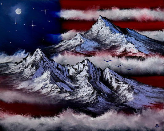 Painting #2502 - 16x20" Canvas - American Flag Landscape painted 7-4-26