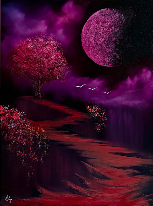 Painting #1639 - 18x24" Standard Black Canvas - Full Moon Pathway painted 1-6-25