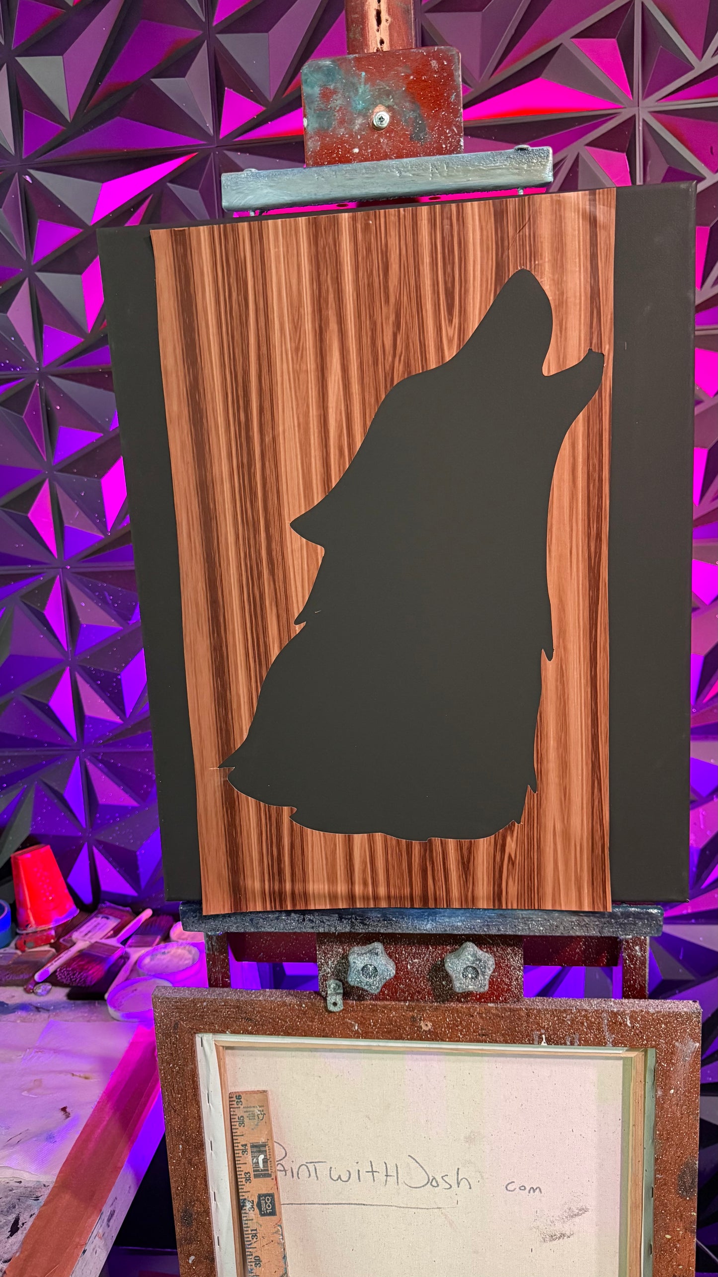 Painting #2012 - 16x20" Canvas - Wolf Stencil Landscape painted 8-22-25