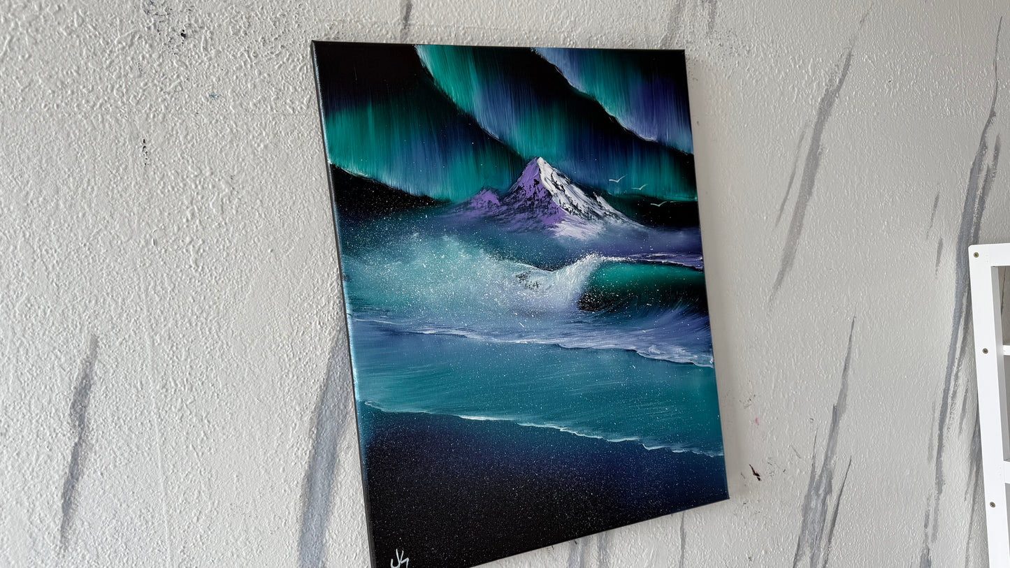 Painting #2003 - 16x20" Canvas - Aurora Mountain Seascape painted 8-17-25