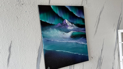 Painting #2003 - 16x20" Canvas - Aurora Mountain Seascape painted 8-17-25