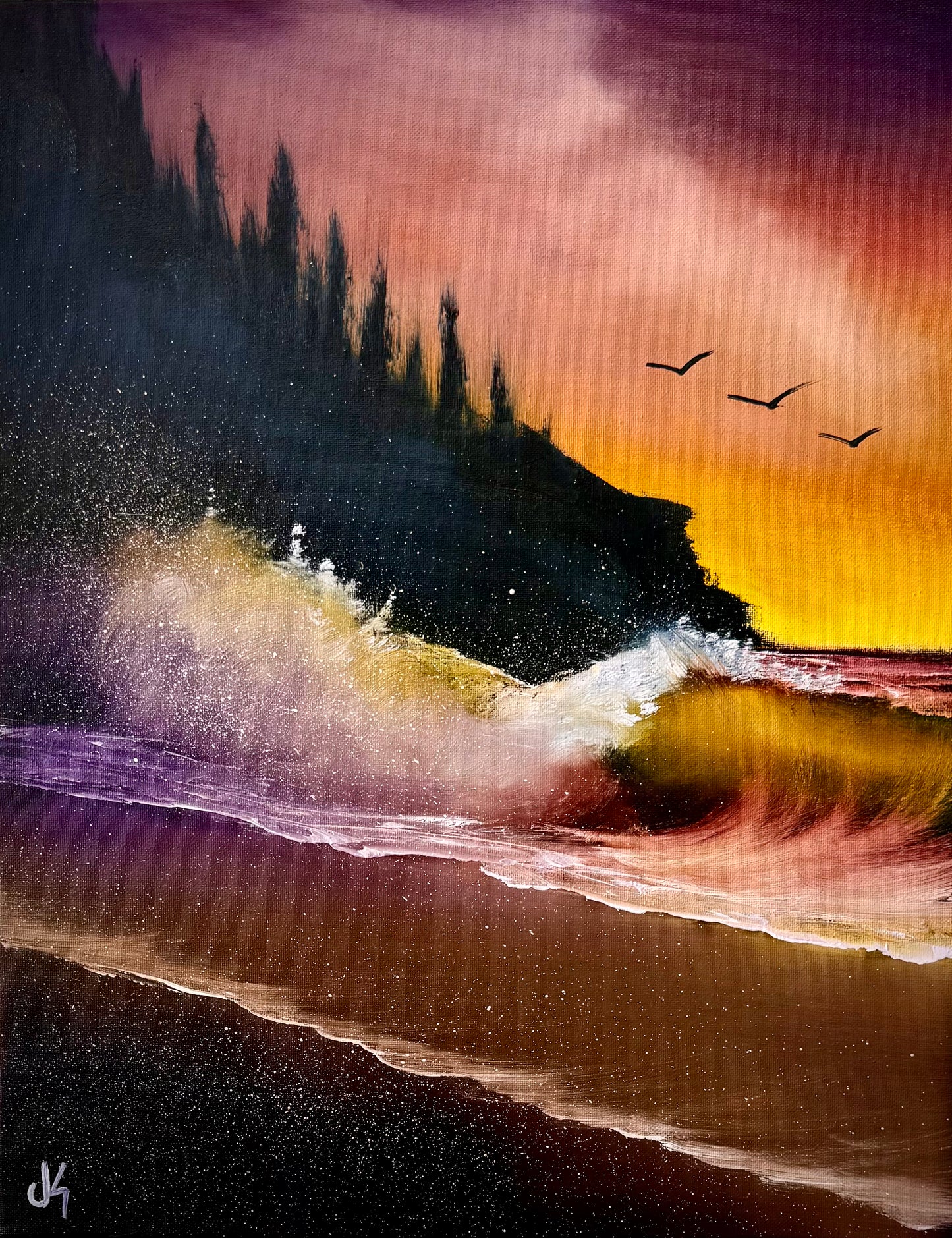 Painting #1975 - 16x20" Canvas - Sunset Oregon Coast Seascape painted 8-3-25