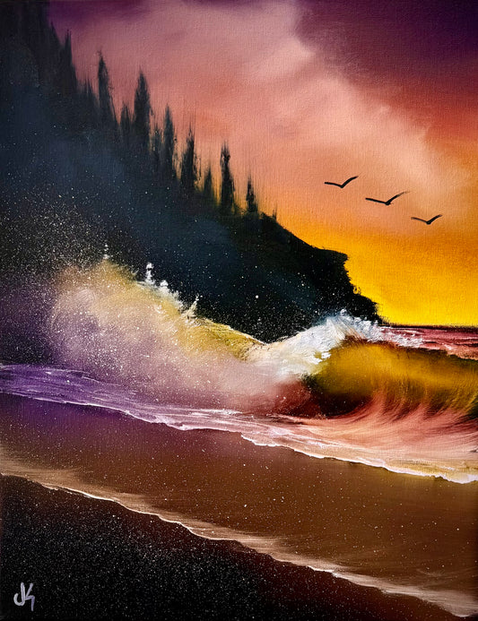 Painting #1975 - 16x20" Canvas - Sunset Oregon Coast Seascape painted 8-3-25