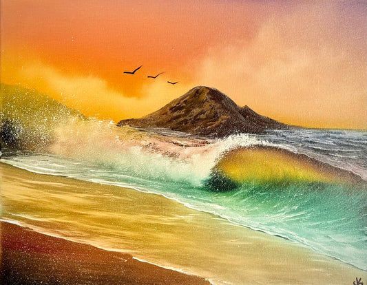 Painting #2039 - 16x20" Canvas - Rainbow Seascape painted 9-6-25