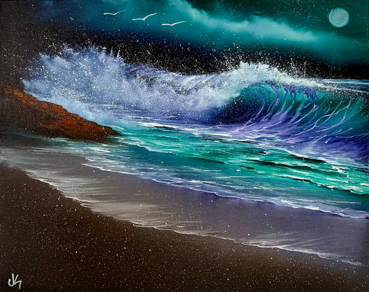 Painting #1903 - 16x20" Canvas - Night Seascape painted 6-20-25