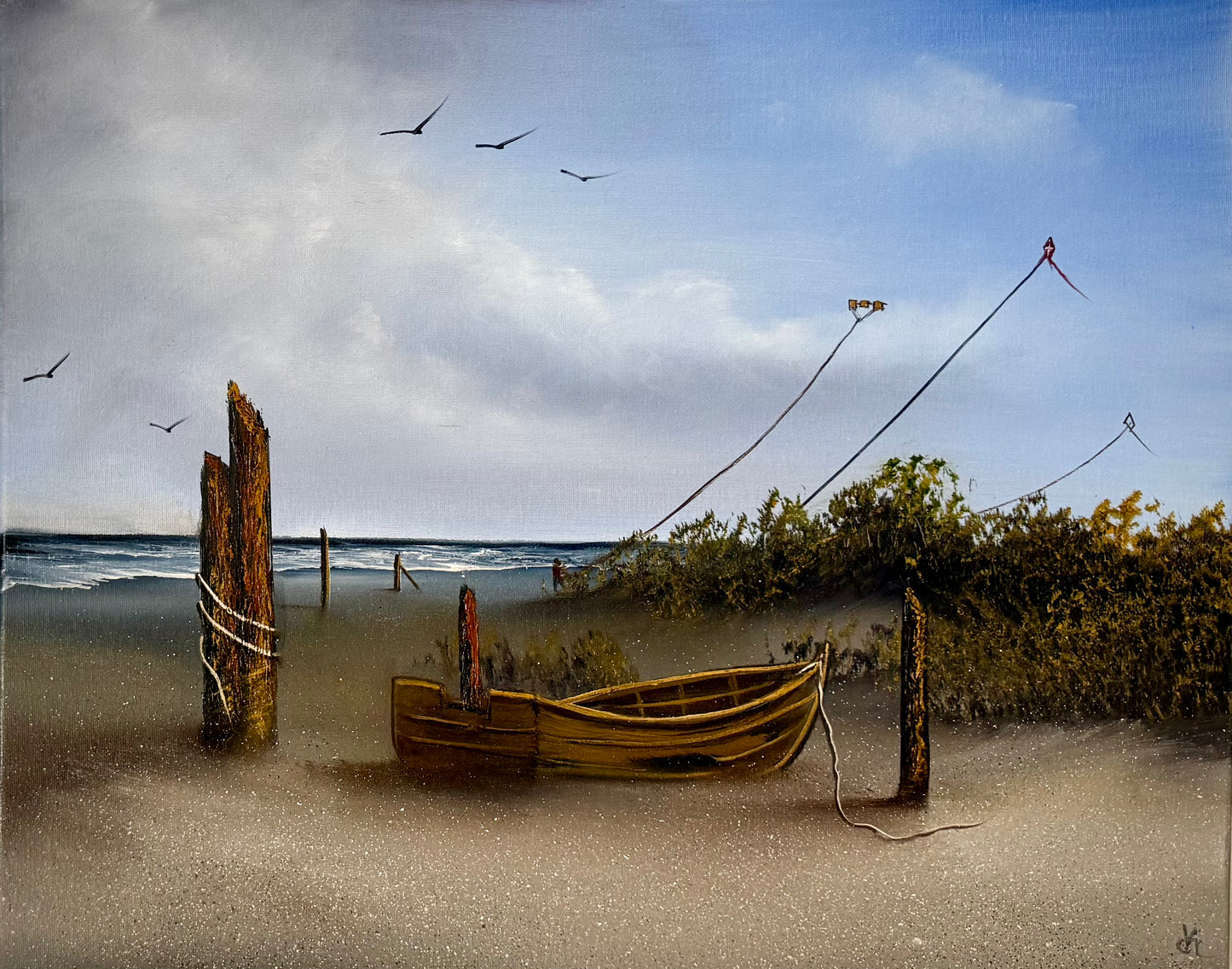 Painting #2419 - 16x20" Canvas - Kite Flying Seascape painted 4-30-26