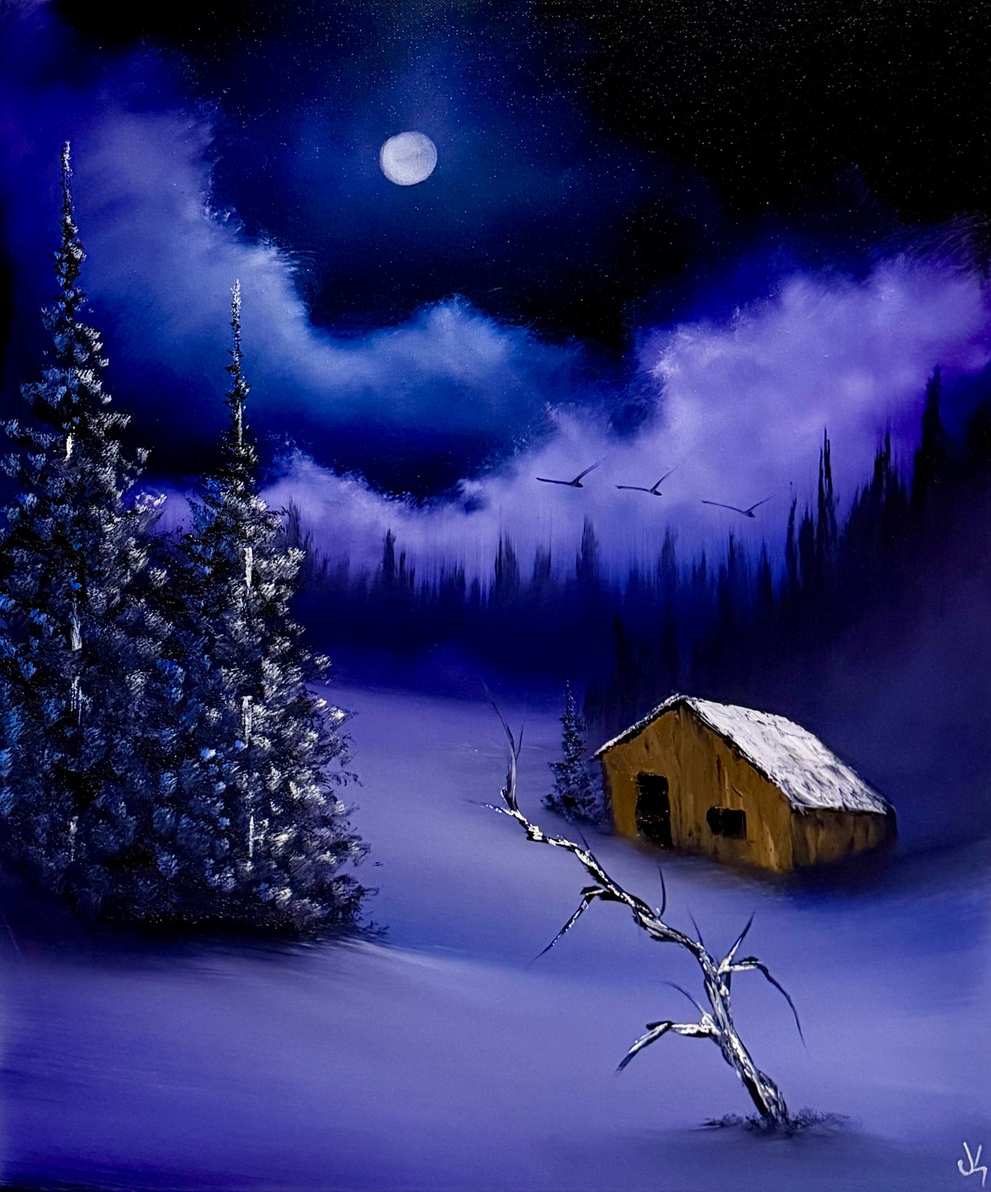 Painting #2174 - 20x24" Canvas - Christmas Tree Cabin painted 12-6-25