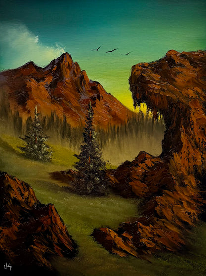 Painting #2557 - 18x24" Canvas - Green Sky Mountain Landscape painted 8-20-26
