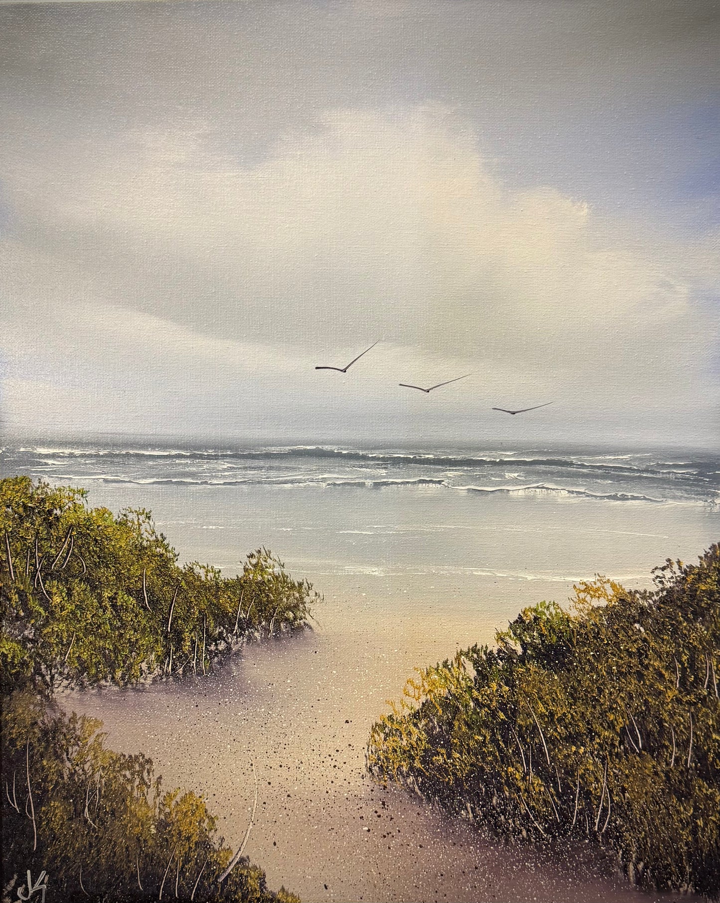 Painting #2287 - 16x20" Canvas - Cattails Seascape painted 2-14-26