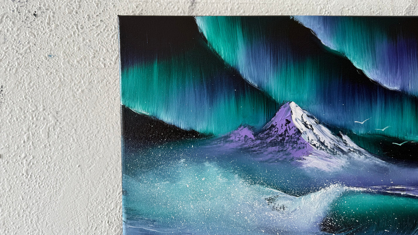 Painting #2003 - 16x20" Canvas - Aurora Mountain Seascape painted 8-17-25