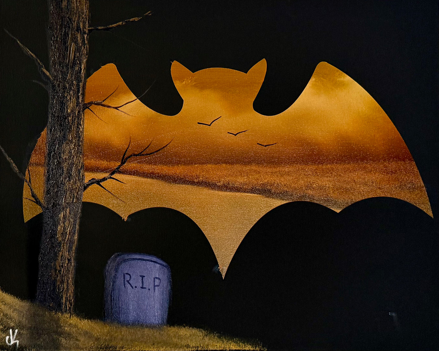 Painting #2048 - 16x20" Canvas - BAT Halloween Landscape painted 9-11-25