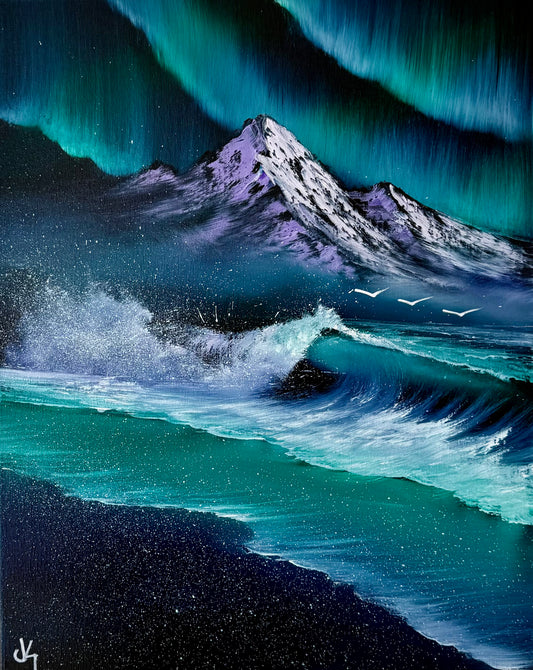 Painting #1949 - 16z20" Canvas - Aurora Mountain Seascape painted 7-19-25