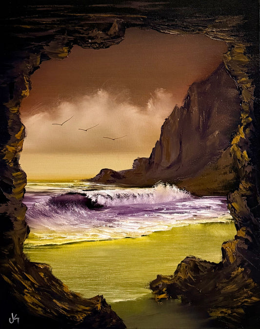 Painting #2271 - 16x20" Canvas - Sunset Cave Seascape painted 2-5-26