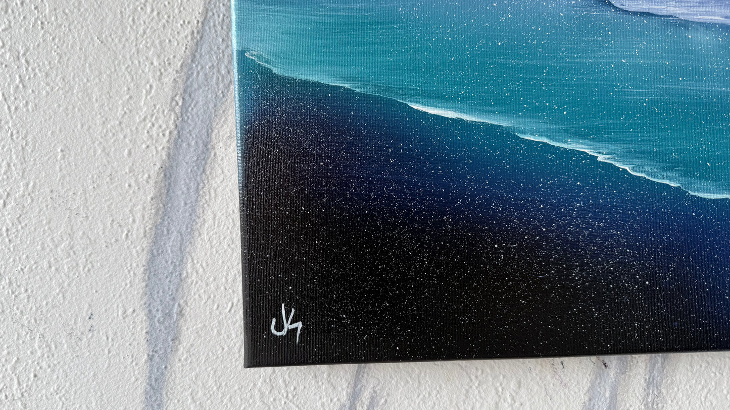 Painting #2003 - 16x20" Canvas - Aurora Mountain Seascape painted 8-17-25