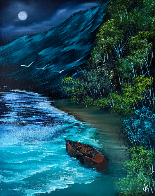 Painting #1817 - 16x20" Canvas - Boat Seascape painted 4-24-25