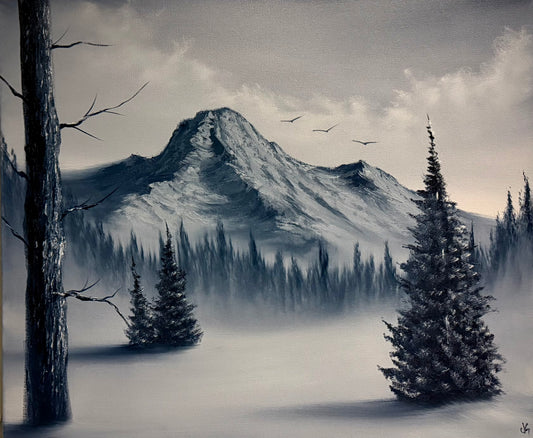 Painting #2203 - 20x24" Pro Series Canvas - Black and White Mountain Landscape painted 12-27-25