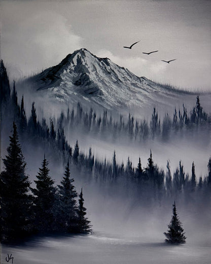 Painting #2164 - 16x20" Canvas - Black and White Mt Hood Landscape painted 11-29-25