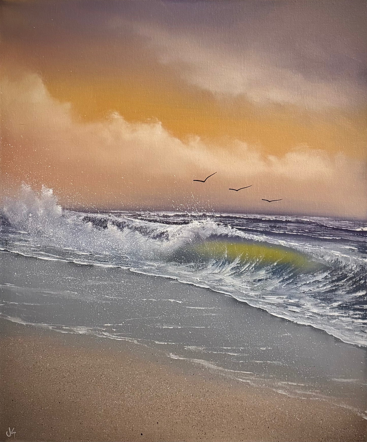 Painting #2291 - 20x24" Canvas - Sunset Seascape Crashing Wave painted 2-16-26