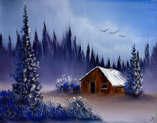 Painting #1643 - 16x20" Winter Cabin Landscape painted 1/8/25