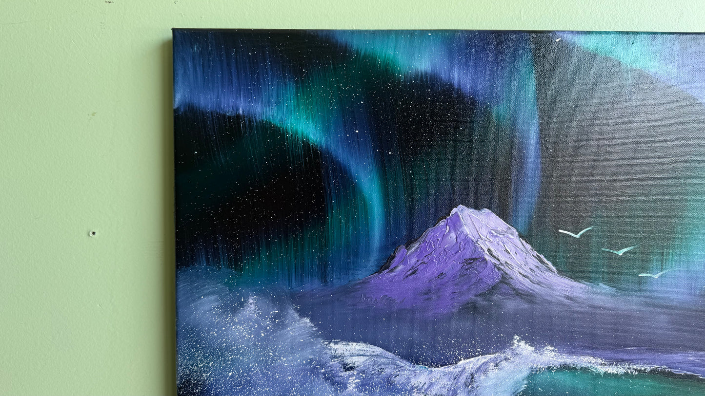 Painting #2017 - 16x20" Canvas - Aurora Mountain Seascape painted 8-24-25