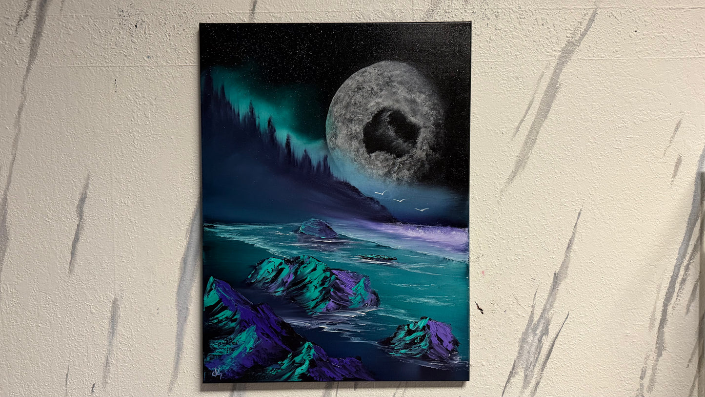 Painting #2007 - 18x24" Canvas - Full Moon Seascape painted 8-18-25