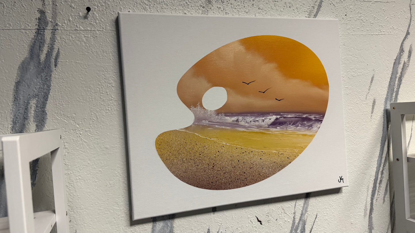 Painting #2044 - 16x20" Canvas - Sunset Seascape Palette Stencil painted 9-7-25