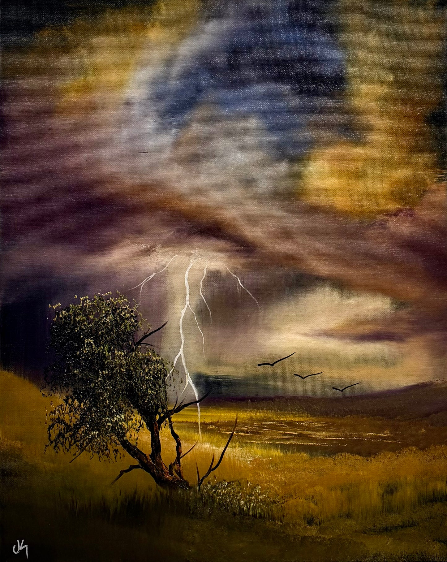 Painting #2589 - 16x20" Framed Canvas - Lightning Thunderstorm Landscape painted 9-7-26