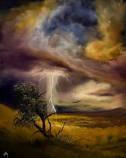 Painting #2589 - 16x20" Framed Canvas - Lightning Thunderstorm Landscape painted 9-7-26