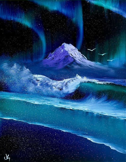 Painting #2017 - 16x20" Canvas - Aurora Mountain Seascape painted 8-24-25