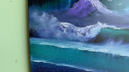 Painting #2017 - 16x20" Canvas - Aurora Mountain Seascape painted 8-24-25